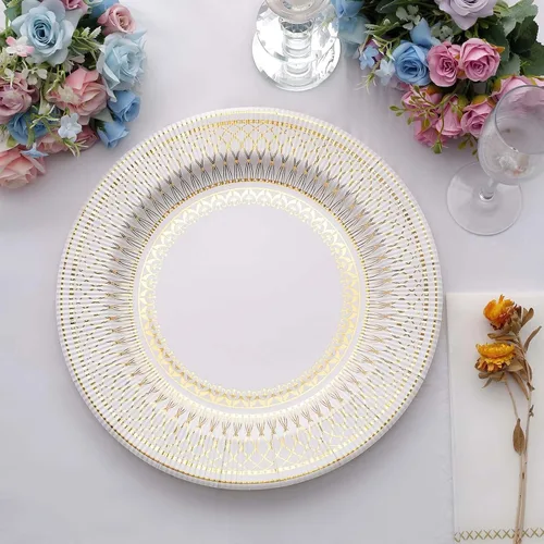 Efavormart - Paquete de 25 platos de carga de papel estilo vintage de porcelana blanca y dorada de 13 pulgadas, bandejas desechables resistentes de
