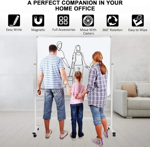 Miniatura 3 de H-Qprobd Pizarra blanca móvil de 60"x48" pulgadas de doble cara magnética de borrado en seco sobre ruedas - Pizarras blancas rodantes comerciales