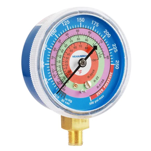Miniatura 2 de Measureman Medidor de presión de refrigeración, esfera de 2-3/4", esfera azul y esfera roja, montaje inferior NPT de 1/8", 30inHg-0-250psi y kit