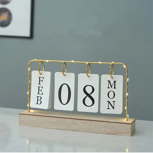 Calendario perpetuo de madera abatible con soporte de metal dorado con papel calendario diario mensual con luz para la oficina diaria, decoración