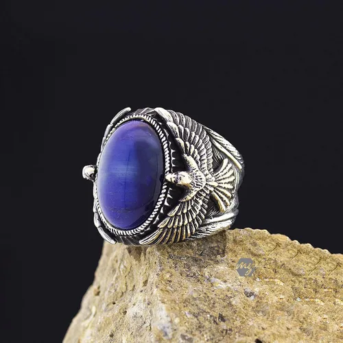 Miniatura 2 de Anillo de plata de ley 925 maciza con figura de águila ovalada con piedra de ojo de tigre azul