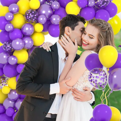 Miniatura 5 de Kit de arco de guirnalda de globos morados y amarillos, 122 globos de confeti amarillo lavanda metálico morado para cumpleaños, boda, aniversario