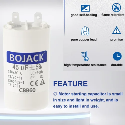 Miniatura 5 de BOJACK 45uf 45MFD uF CBB60 Condensador de funcionamiento de lavadora Frecuencia del condensador de funcionamiento del motor 50/60Hz 250VAC 250V Stud