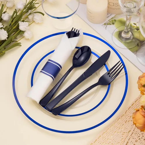 Miniatura 4 de BESTSTAR Juego de 350 platos desechables transparentes y azules para 50 invitados, 100 platos de plástico, 50 vasos, 50 servilletas preenrolladas