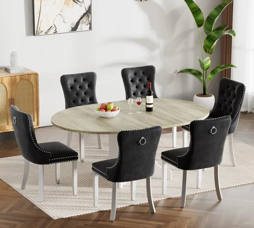 Miniatura 104 de Juego de mesa de comedor de mármol sintético blanco para 6 personas, juego de mesa de comedor extensible de 7 piezas de 63 a 78.74 pulgadas con 6