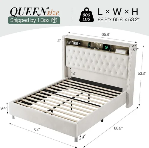 Miniatura 2 de Jocisland Marco de cama tamaño Queen de 53.2 pulgadas con cabecero de almacenamiento alto, luces LED y estación de carga, cama plataforma