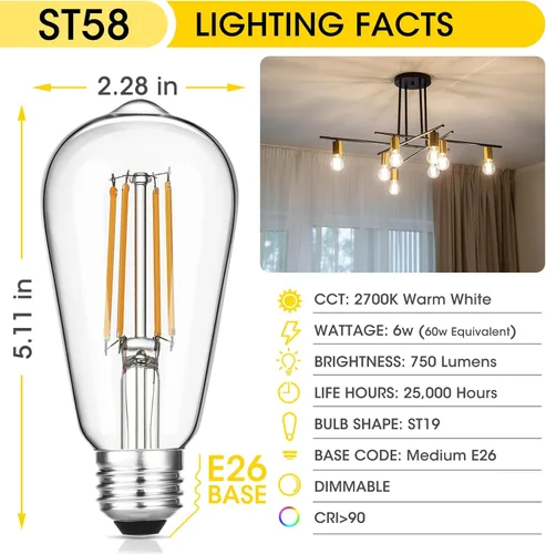 Miniatura 2 de Gozelux - Bombillas LED Edison vintage, 6 W, equivalentes a 60 W de bombillas incandescentes, luz blanca cálida 2700 K, bombillas de filamento LED