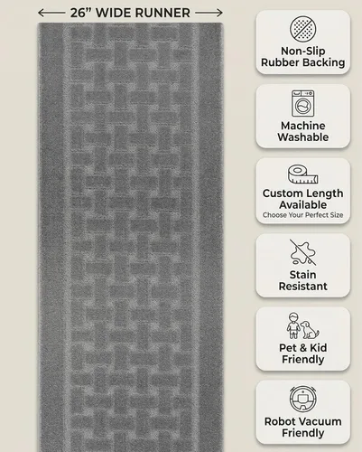 Miniatura 5 de Alfombra de pasillo de 12 pies de largo, color gris, antideslizante y lavable con respaldo de goma, alfombra personalizada para cocina, pasillo