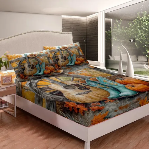 Miniatura 75 de Castle Fairy Juego de sábanas de botas de vaquero, tamaño individual, juego de ropa de cama de guitarra musical bohemia de 3 piezas para niños