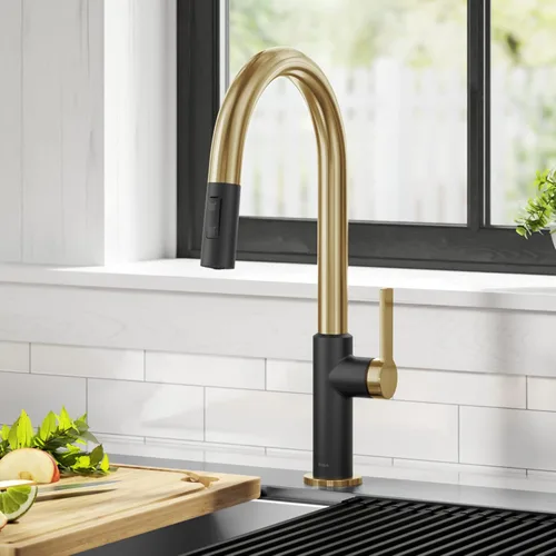 Miniatura 2 de Kraus Oletto - Grifos de cocina de arco alto con un solo mango extraíble, en latón cepillado/negro mate, grifos de cocina con rociador extraíble