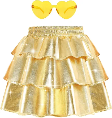 techcity Falda metálica brillante de 3 capas con volantes para niñas, ropa de disfraz de fiesta de baile para niñas de 4 a 13 años con gafas