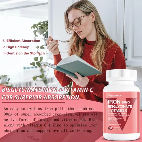 Miniatura 4 de Suplemento de bisglicinato de hierro para mujeres y hombres, pastillas de hierro de 30 mg con vitamina C, B12, ácido fólico, hierro quelado