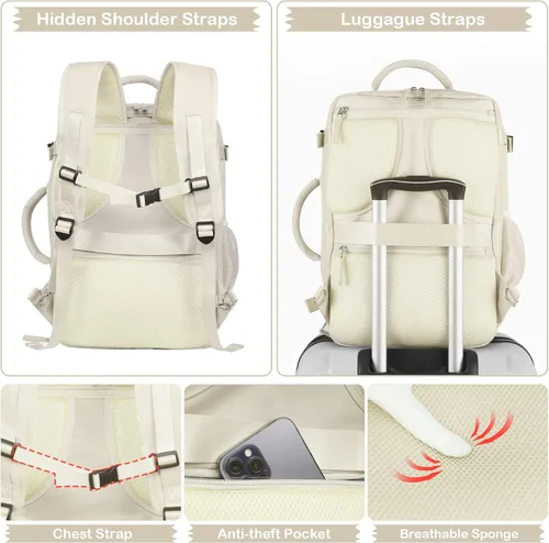 Miniatura 7 de Hanples Mochila de viaje para mujeres y hombres, mochila grande para artículos personales, mochila para laptop aprobada por la TSA Flight, Beige