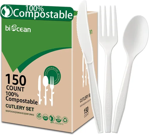 Miniatura 8 de Cuchillos 100% compostables, sin plástico, tenedores, cucharas, utensilios, los cubiertos pesados y resistentes son productos ecológicos