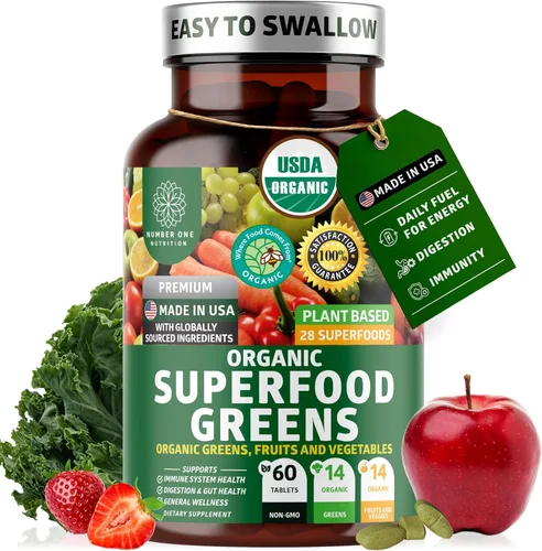 USDA Organic Superfood Greens [28 ingredientes potentes] Cápsulas naturales Super Greens, suplemento de frutas y verduras con alfalfa, raíz de