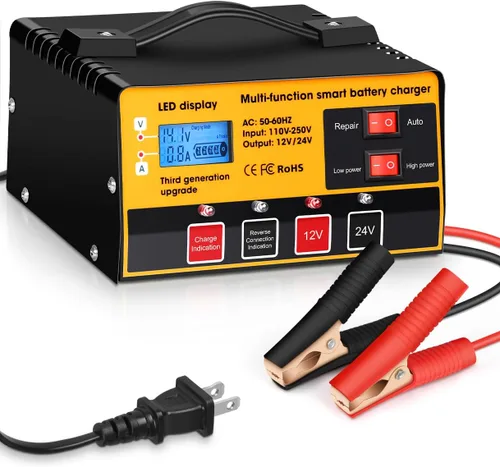 Outerman Cargador de batería de automóvil, 12V-12A/24V-8.5AMH, cargador de batería automático inteligente, cargador de goteo de alta y baja