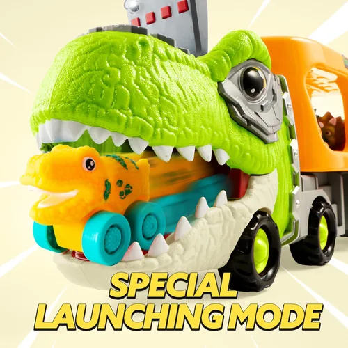 Miniatura 2 de JOYIN Juguetes de dinosaurio para niños de 2 a 4 años, juguetes para niños pequeños, camión transportador de dinosaurios con 6 vehículos de carro