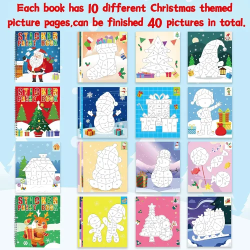 Miniatura 3 de 90shine 4 piezas de manualidades navideñas para niños de 4 a 8 años Libros de pintura adhesiva - Incluye diseños de Papá Noel, muñeco de nieve