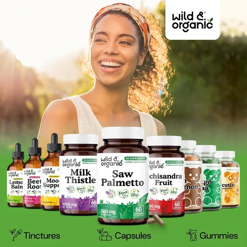 Miniatura 6 de Wild & Organic Cápsulas Saw Palmetto de 500 mg - Soporte del tracto urinario para hombres y mujeres - Suplemento en polvo de palma enana pura