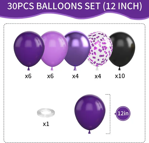 Miniatura 2 de Globos morados y negros, metálicos, 12 pulgadas, globos de látex de confeti morado para Halloween, cumpleaños, bodas, graduaciones, decoraciones