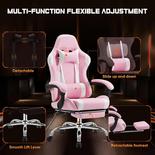 Miniatura 5 de DUMOS - Silla de escritorio de oficina para juegos con reposapiés y reposacabezas para adultos, silla ergonómica de piel sintética para computadora