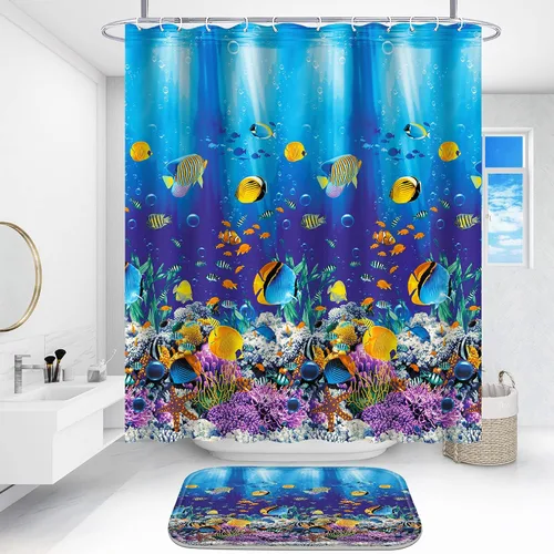 Miniatura 2 de Poedist - Juego de ducha de baño, 4 piezas, diseño de mundo submarino azul para niños, incluye cortina de ducha y tapetes para baño