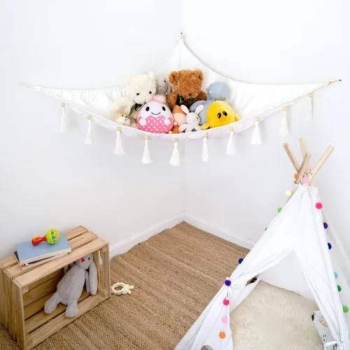 Miniatura 2 de Mkono Hamaca de animales de peluche, organizador de juguetes colgante de esquina con borlas, juguetes de peluche, soporte de red para guardería
