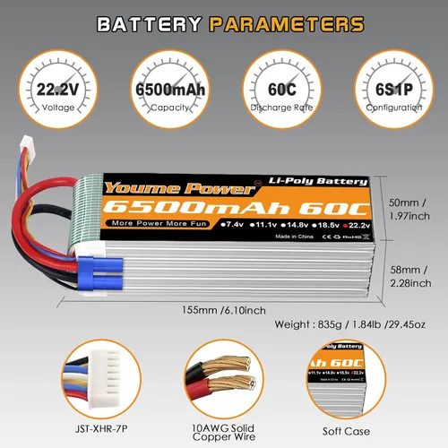 Miniatura 3 de Youme 6S Lipo Batería EC5, 2 paquetes 22.2 V RC LiPo Batería 6500mAh 60C con EC5 Plug para Arrma 1/7 1/8 RC Car Truck DJI E-Flite Align Avión