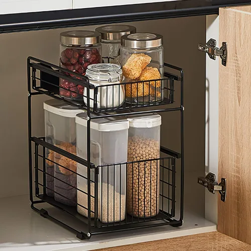 Miniatura 2 de Cesta deslizante de 2 niveles para gabinete con cajón deslizante debajo del fregadero, estante de almacenamiento para encimera de cocina, despensa