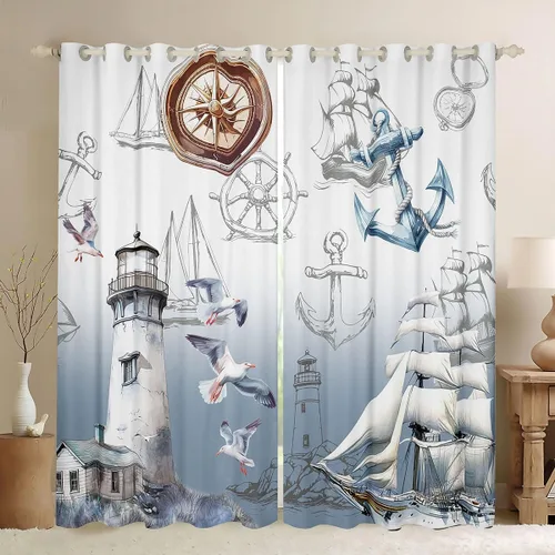 Miniatura 10 de Erosebridal Nautical Lighthouse Blackout Curtains 30-50% Navigation Theme Curtains for Women Men Watercolor Seascape Window Treatments Coastal Night