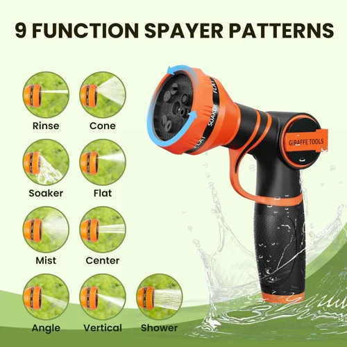 Miniatura 4 de Giraffe Tools Manguera de jardín no expandible de 25 pies y 1/2 pulgadas, ligera, flexible, para agua, 600 psi, con 9 funciones de pulverización