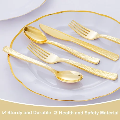 Miniatura 7 de Supernal 180 cubiertos de plástico dorado, utensilios de plástico desechables resistentes, juegos de cubiertos desechables dorados incluyen 60