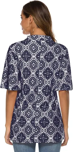 Miniatura 6 de HOCOSIT - Camiseta de manga corta con olanes y cuello en V con estampado de flores, plisada y abotonada, para mujer