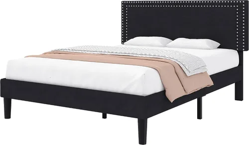 Miniatura 7 de Marco de cama de plataforma tamaño completo con cabecera tapizada ajustable, base de colchón moderna, soporte fuerte de listones de madera,