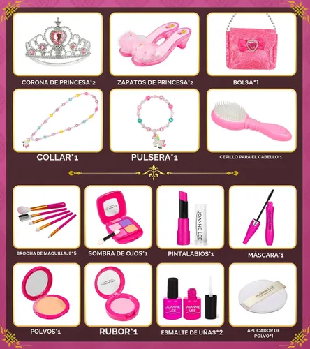 Miniatura 7 de Kit de maquillaje para niños – Zapatos de vestir de princesa, coronas y bolso – Juego de maquillaje falso para niñas de 3 a 6 años