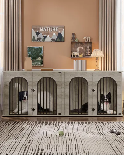 Miniatura 8 de Hzuaneri Mueble de jaula para perros de 88.4 pulgadas para 2 perros, soporte de TV para perreras de interior resistente, jaula de madera XXL