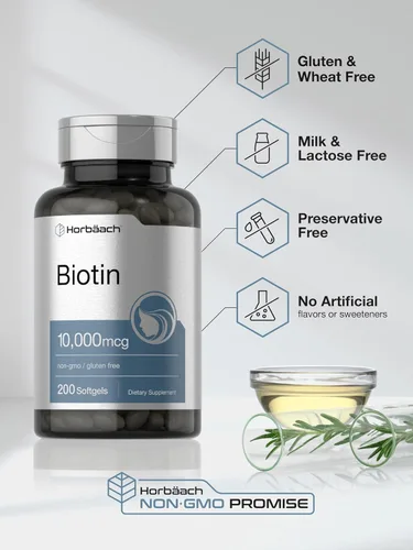 Miniatura 5 de Horbäach Biotin 10000 mcg 200 cápsulas blandas con vitamina B7 Suplemento de fórmula de belleza Sin OMG y sin gluten