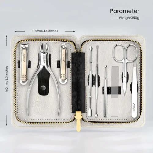 Miniatura 5 de ZIZZON Juego de manicura profesional de acero inoxidable para uñas y uñas de los pies y uñas 9 en 1, kit de pedicura y aseo con estuche de viaje