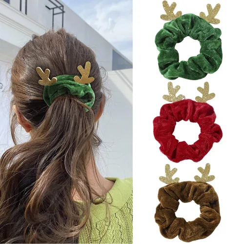 3 unidades de coleteros navideños de seda, lazos elásticos navideños con astas de alce navideño, suaves bandas elásticas para el cabello, lazos para