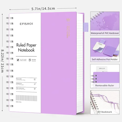 Miniatura 2 de EMSHOI Cuaderno de espiral A5 con rayas universitarias, pequeño 5.7" X 8.22", 300 páginas/150 hojas, papel grueso de 100gsm, tapa dura impermeable