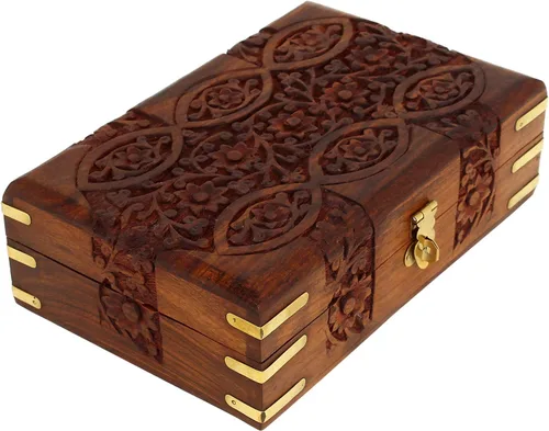 Ajuny Cofre del tesoro tallado a mano, caja de almacenamiento de joyas decorativa de madera, diseño floral, multipuponer, pequeña caja de recuerdo,