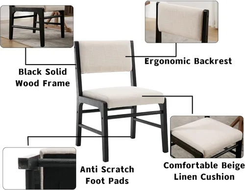 Miniatura 4 de HNY Juego de 2 sillas de comedor de lino beige con marco de madera negra, silla de cocina tapizada de tela moderna con respaldo rectangular, sillas