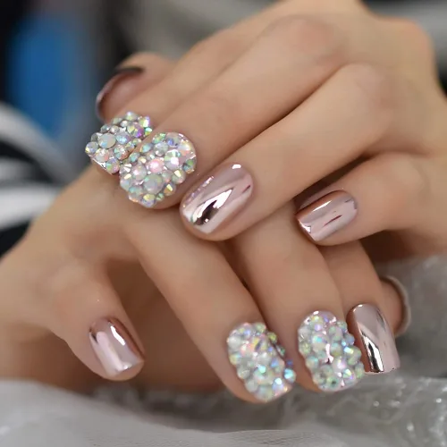 Miniatura 3 de Coolnail - Puntas de uñas postizas de acrílico rosa metálico sexy, strass rosa claro, espejo decorativo brillante, uñas artificiales cortas L5538