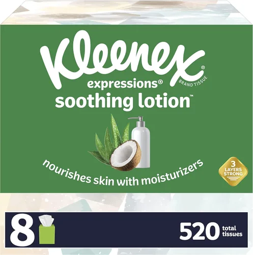 Miniatura 12 de Kleenex Loción de pañuelos faciales con aceite de coco, 8 cajas de cubos, 80 pañuelos por caja, 3 capas