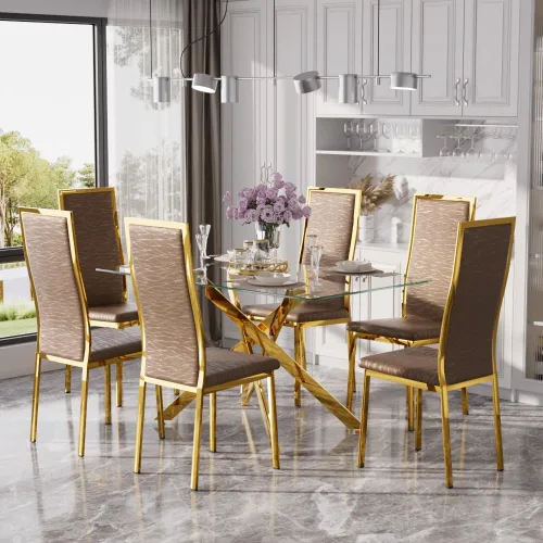 Miniatura 24 de Juego de mesa de comedor de cristal dorado moderno de 63 pulgadas para 6, juego de mesa de cocina rectangular de 7 piezas con patas de acero Negro