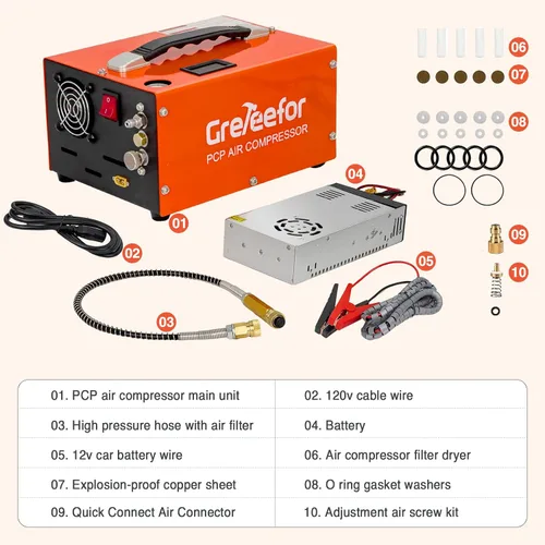 Miniatura 6 de Compresor de aire PCP, 4500 PSI / 30 MPa, auto de doble potencia 12 V CC o hogar 110 V/220 V CA, mango retráctil, sin agua/aceite