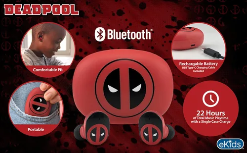 Miniatura 2 de eKids Deadpool - Auriculares inalámbricos con micrófono, auriculares Bluetooth con estuche de carga (Deadpool)