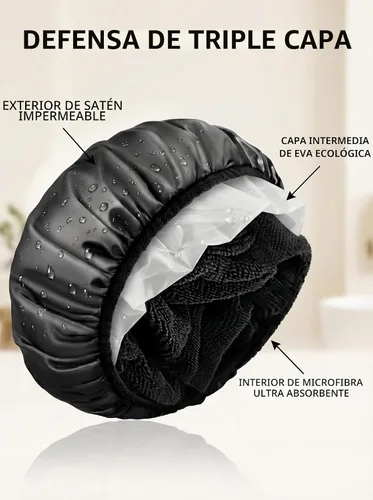 Miniatura 3 de Aquior Gorro de ducha con forro de rizo para mujer, reutilizable, triple capa impermeable, extra grande para mujeres de pelo largo (negro)