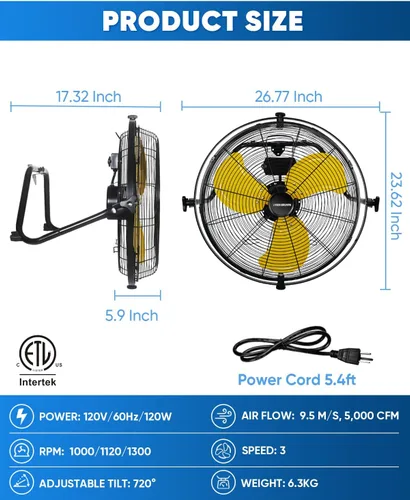 Miniatura 2 de KEN BROWN Ventilador de montaje en pared de 20 pulgadas o ventilador de piso de 5000 CFM, ventilador industrial de alta velocidad con doble rotación