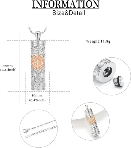 Miniatura 65 de Collar de urna de girasol para cenizas, collar de barra cilíndrica para cenizas para mujer, colgante de recuerdo para cenizas, joyería de cremación